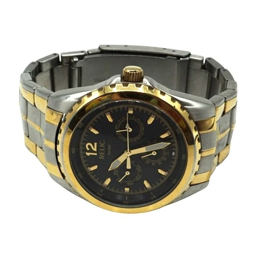 Relic Mens Two Tone Silver Gold Watch Black Dial Multi Function‎ Day Date 43mm